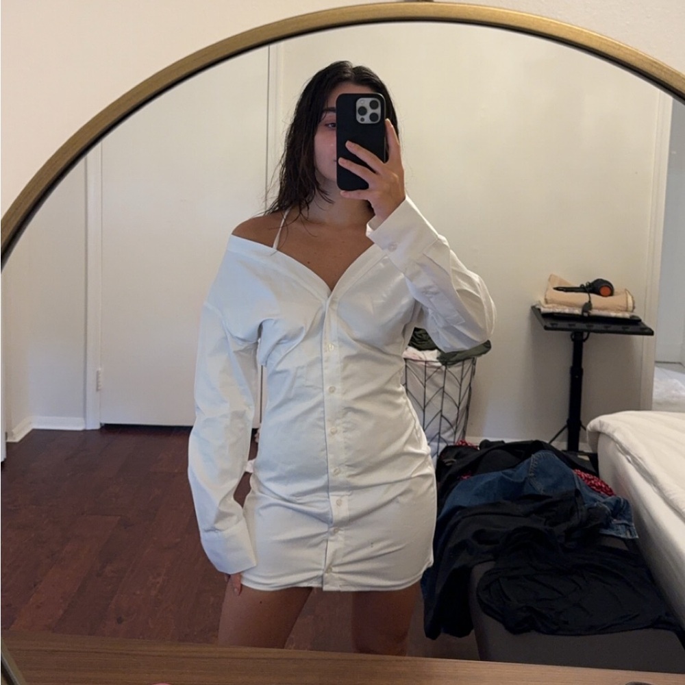 Zara White Off-Shoulder Mini Shirt Dress